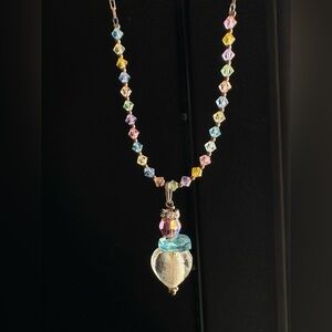 Sterling Chain Cut  Crystal Bead Heart Necklace